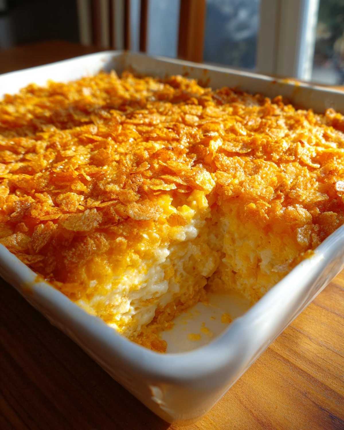 Close-up of a creamy potato casserole with a golden, crunchy cornflake topping, showing a serving removed.