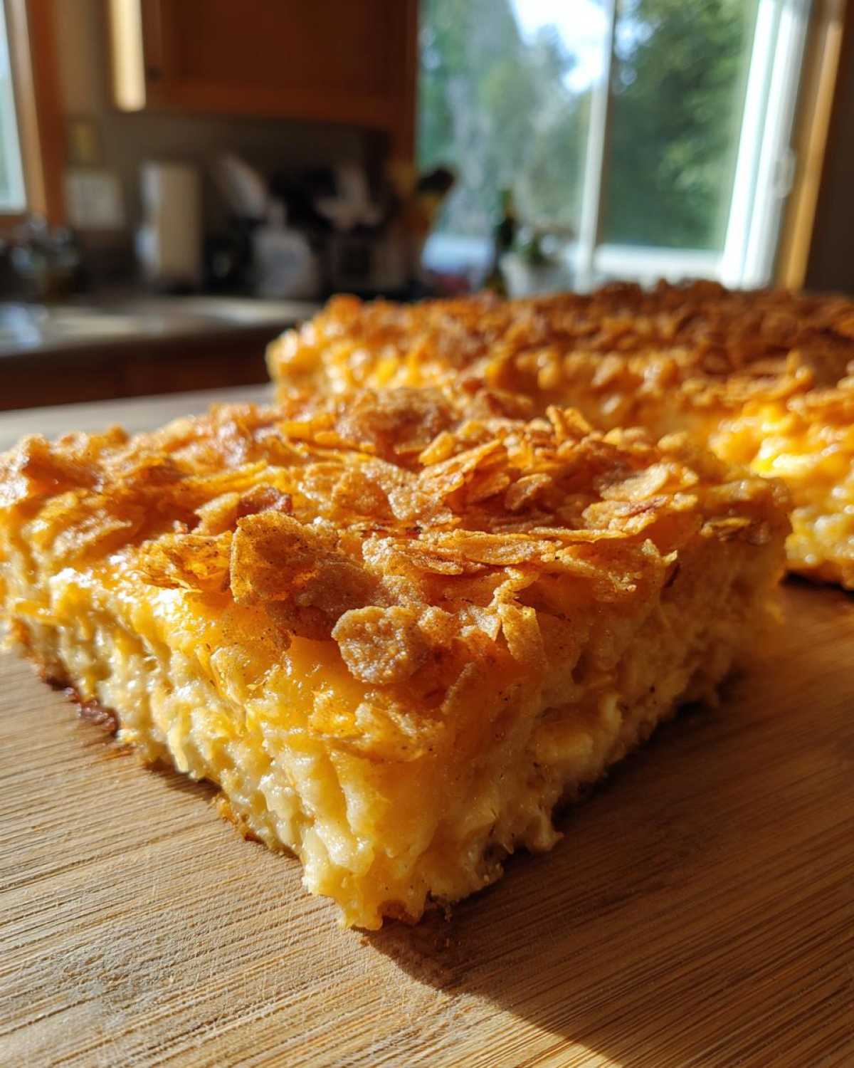 Close-up of a square slice of cheesy potato casserole topped with crispy, golden cornflakes, sitting on a wooden board.