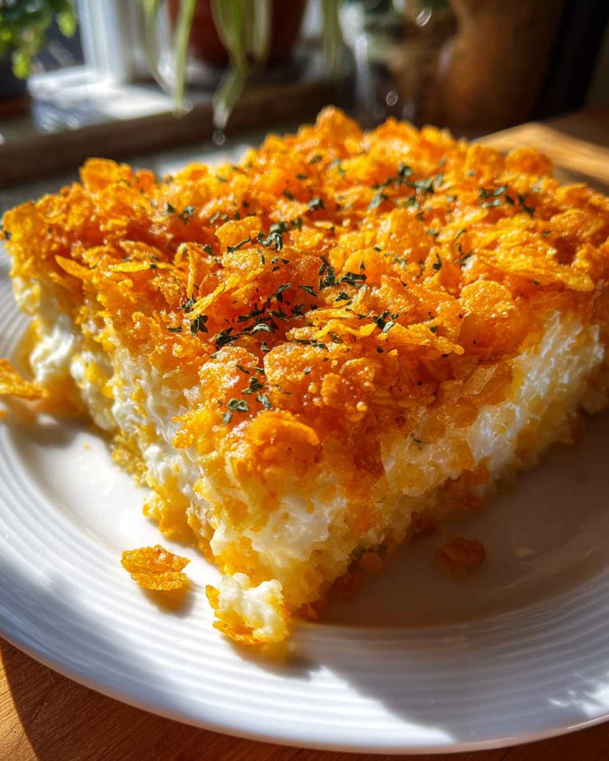A square serving of cheesy potato casserole topped with a thick layer of crunchy, golden cornflakes and sprinkled with parsley.