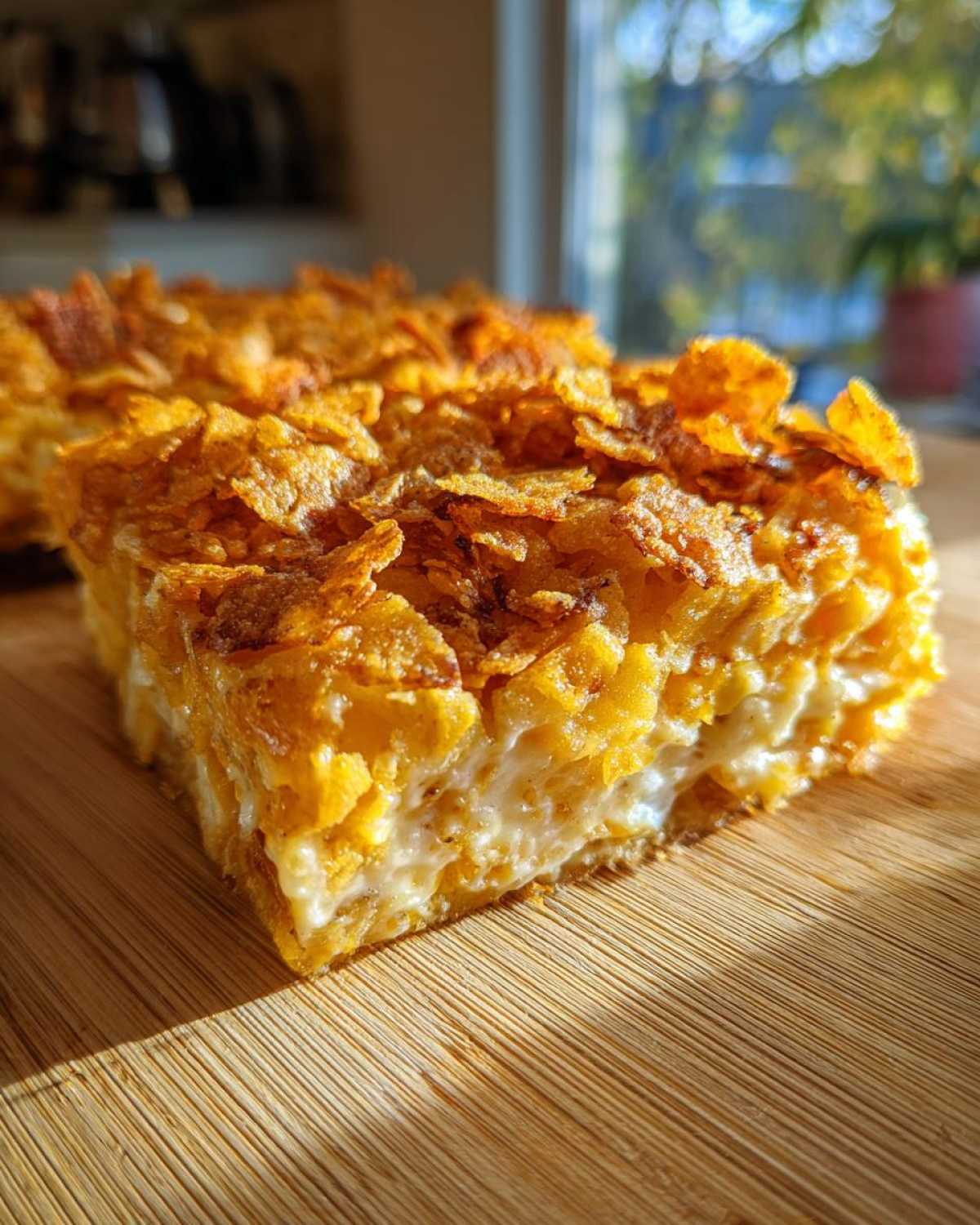 A close-up slice of cheesy potato casserole topped with golden, crunchy cornflakes, resting on a wooden cutting board.