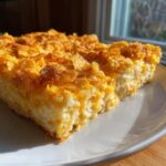 A close-up slice of cheesy potato casserole topped with golden, crunchy cornflakes, served on a white plate.