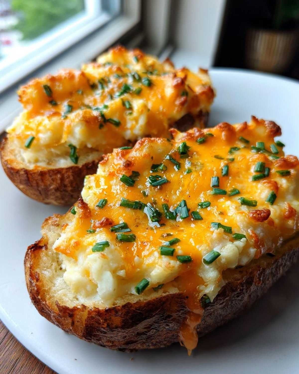 Two halves of golden-brown twice-baked potatoes stuffed with mashed potato filling, melted cheddar cheese, and topped with fresh chives.