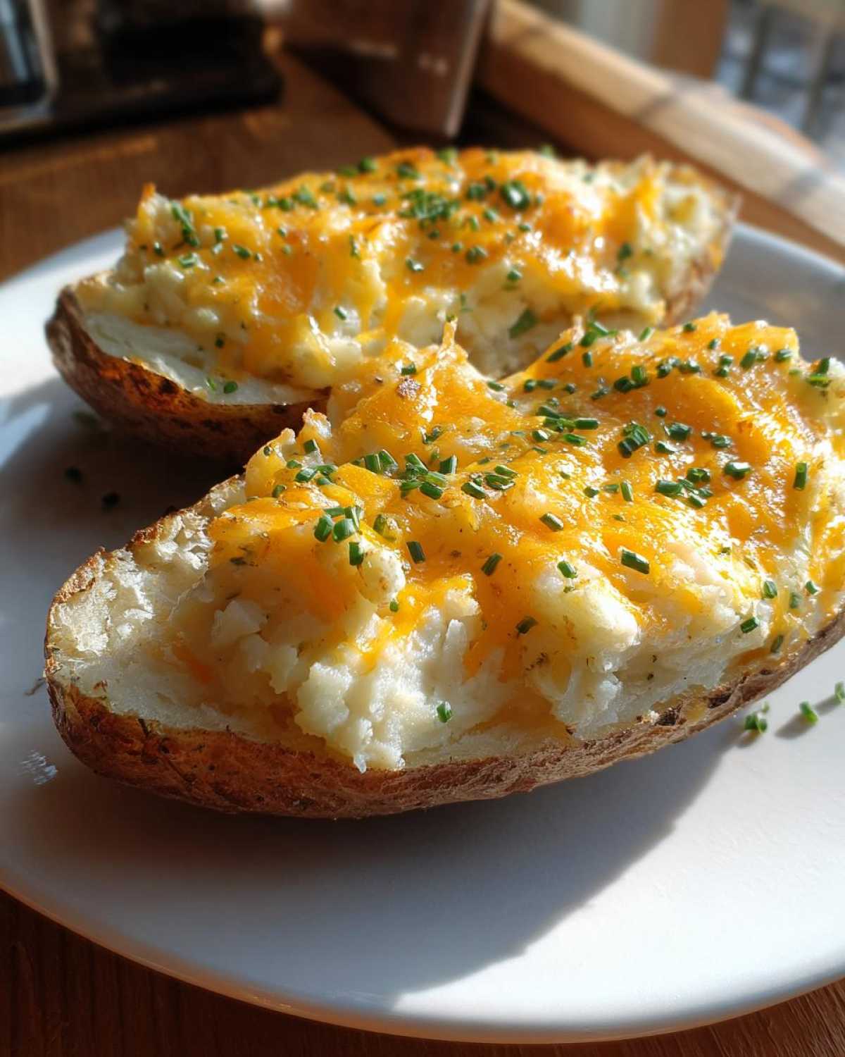 Two halves of cheesy twice-baked potatoes topped with melted cheddar and fresh chives, served on a white plate.