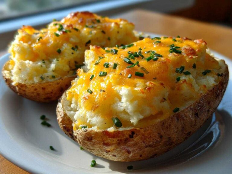 Two servings of cheesy twice-baked potatoes topped generously with melted cheddar and fresh green chives.