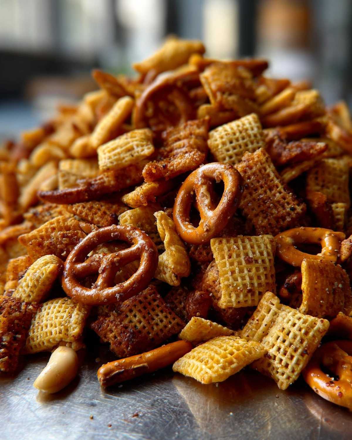 A close-up, macro shot of a pile of homemade chex party mix featuring seasoned Chex cereal, pretzels, and a peanut.