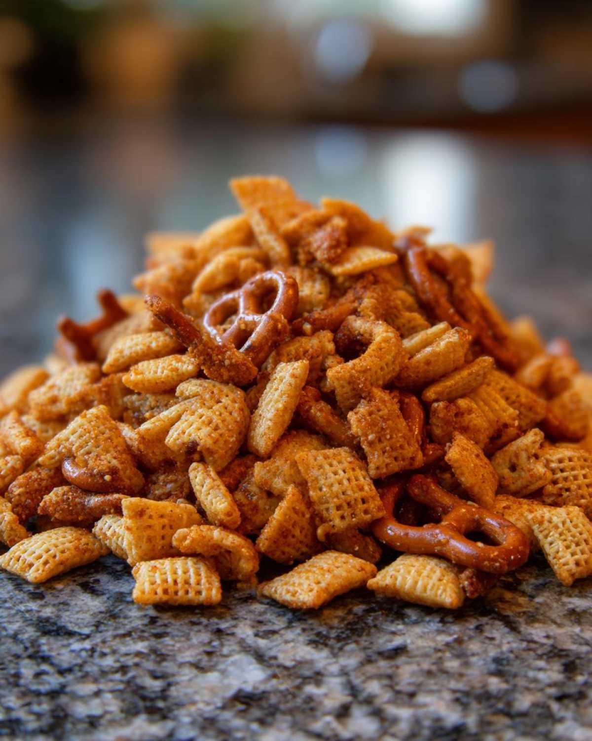 A close-up mound of seasoned Chex party mix, featuring Chex cereal pieces and small pretzels, resting on a granite counter.