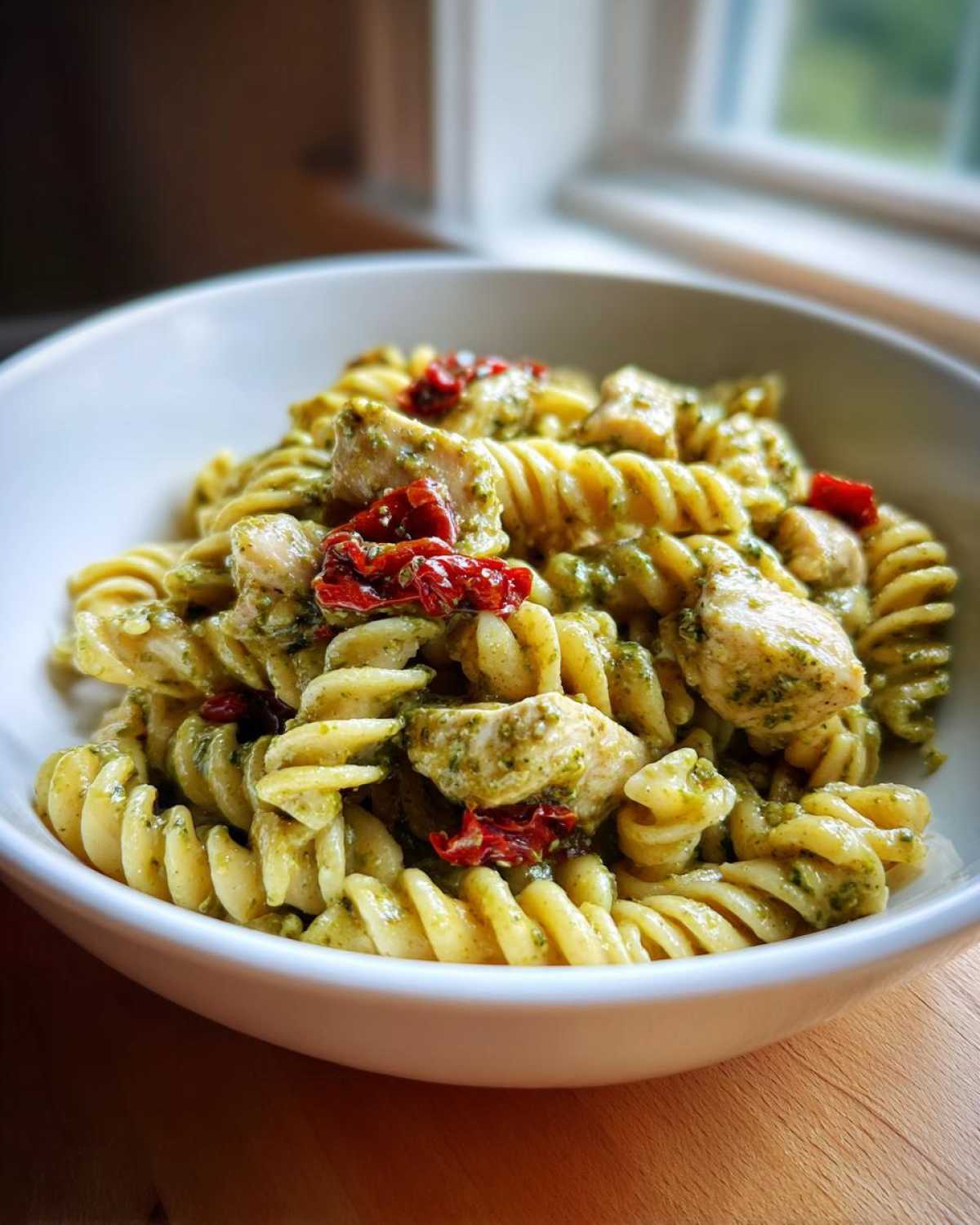A white bowl filled with creamy chicken pesto pasta (fusilli) topped with pieces of chicken and sun-dried tomatoes.