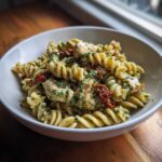 Close-up of a white bowl filled with chicken pesto pasta, featuring fusilli, chicken pieces, and sun-dried tomatoes.