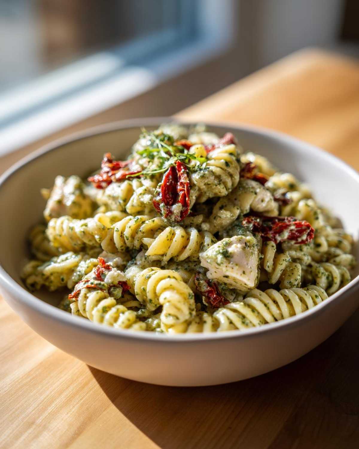 Close-up of a white bowl filled with chicken pesto pasta, featuring fusilli, chicken chunks, and sun-dried tomatoes.