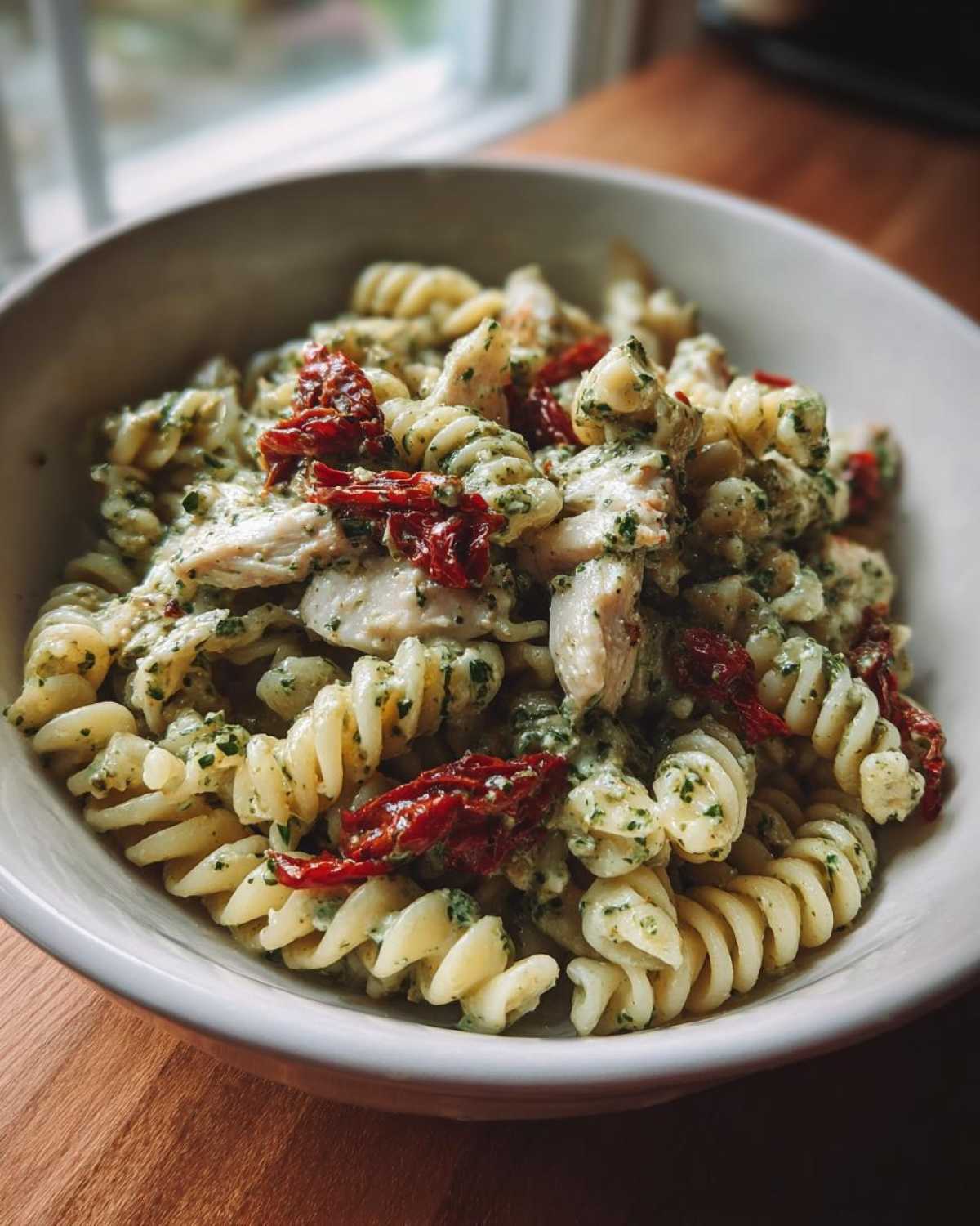Close-up of a bowl of chicken pesto pasta featuring fusilli pasta, chunks of chicken, and sun-dried tomatoes.