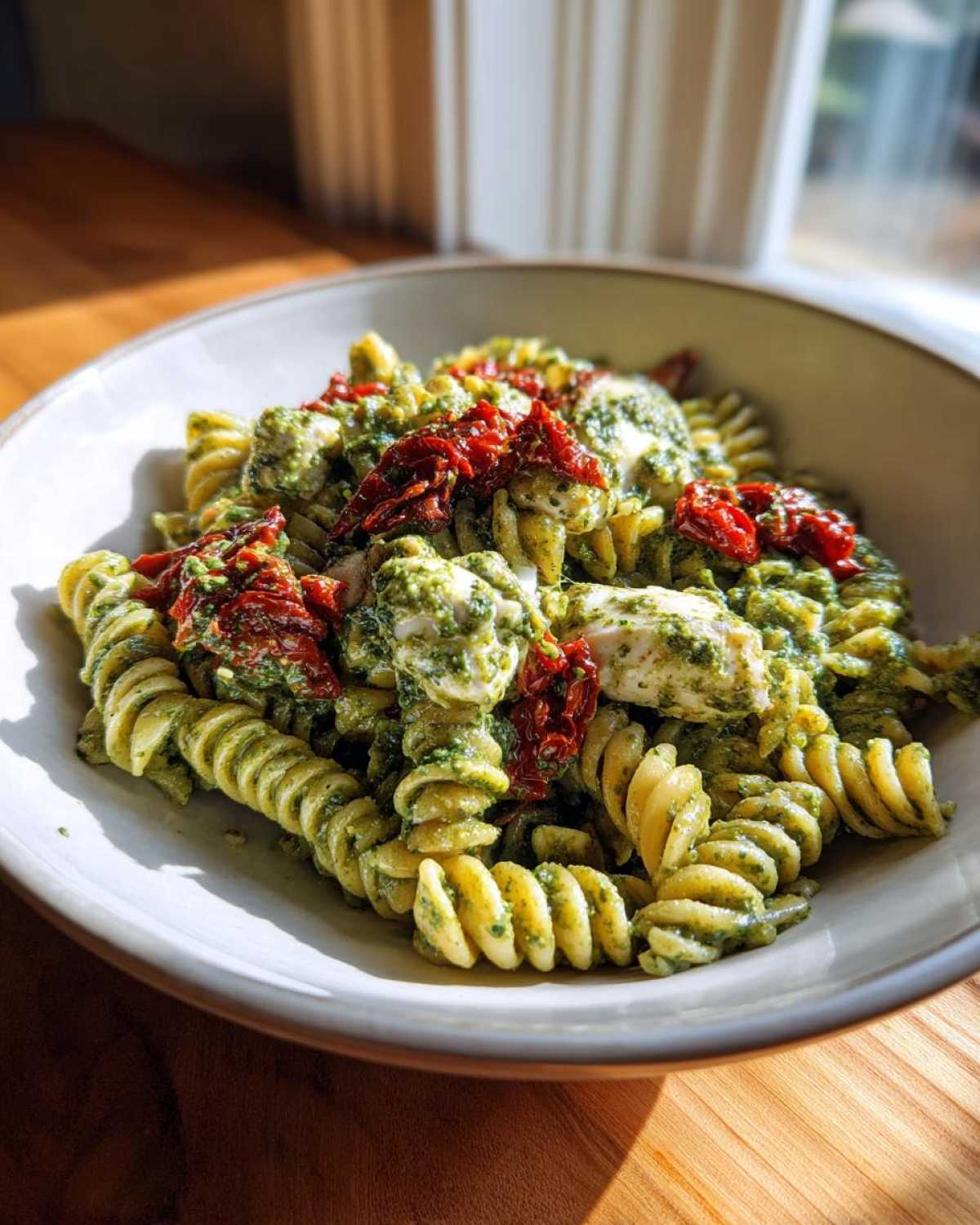 A bowl of fusilli chicken pesto pasta topped with sun-dried tomatoes and fresh mozzarella chunks.