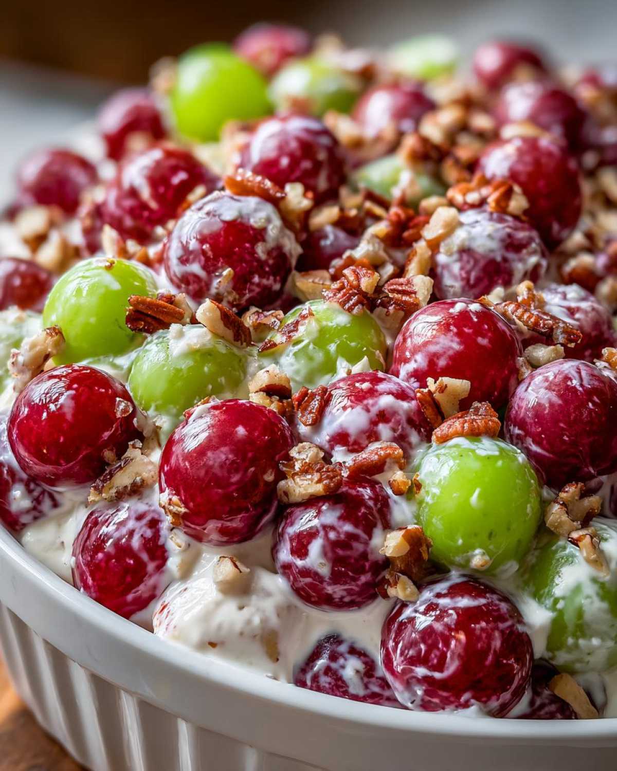 Close-up of creamy chicken salad chick grape salad featuring red and green grapes coated in dressing and topped with pecans.
