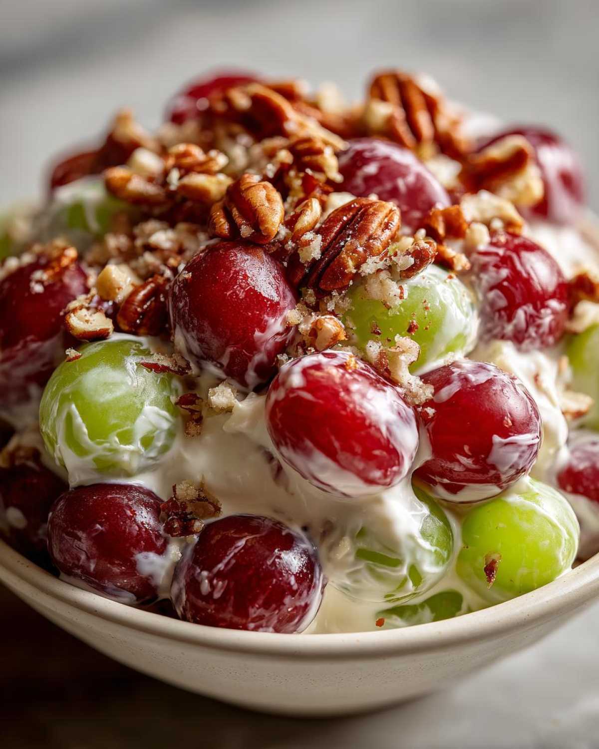 Close-up of creamy chicken salad chick grape salad topped with pecans.
