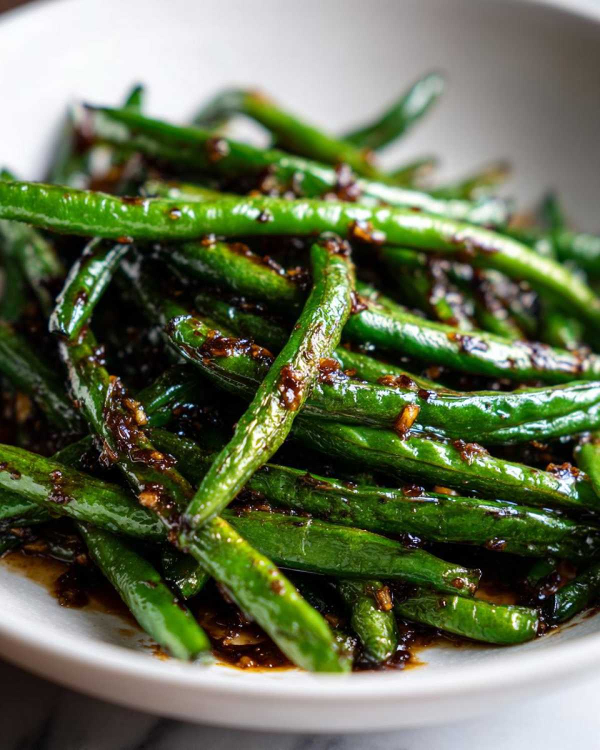 Vibrant green beans coated in a rich, dark garlic sauce, ready to serve.