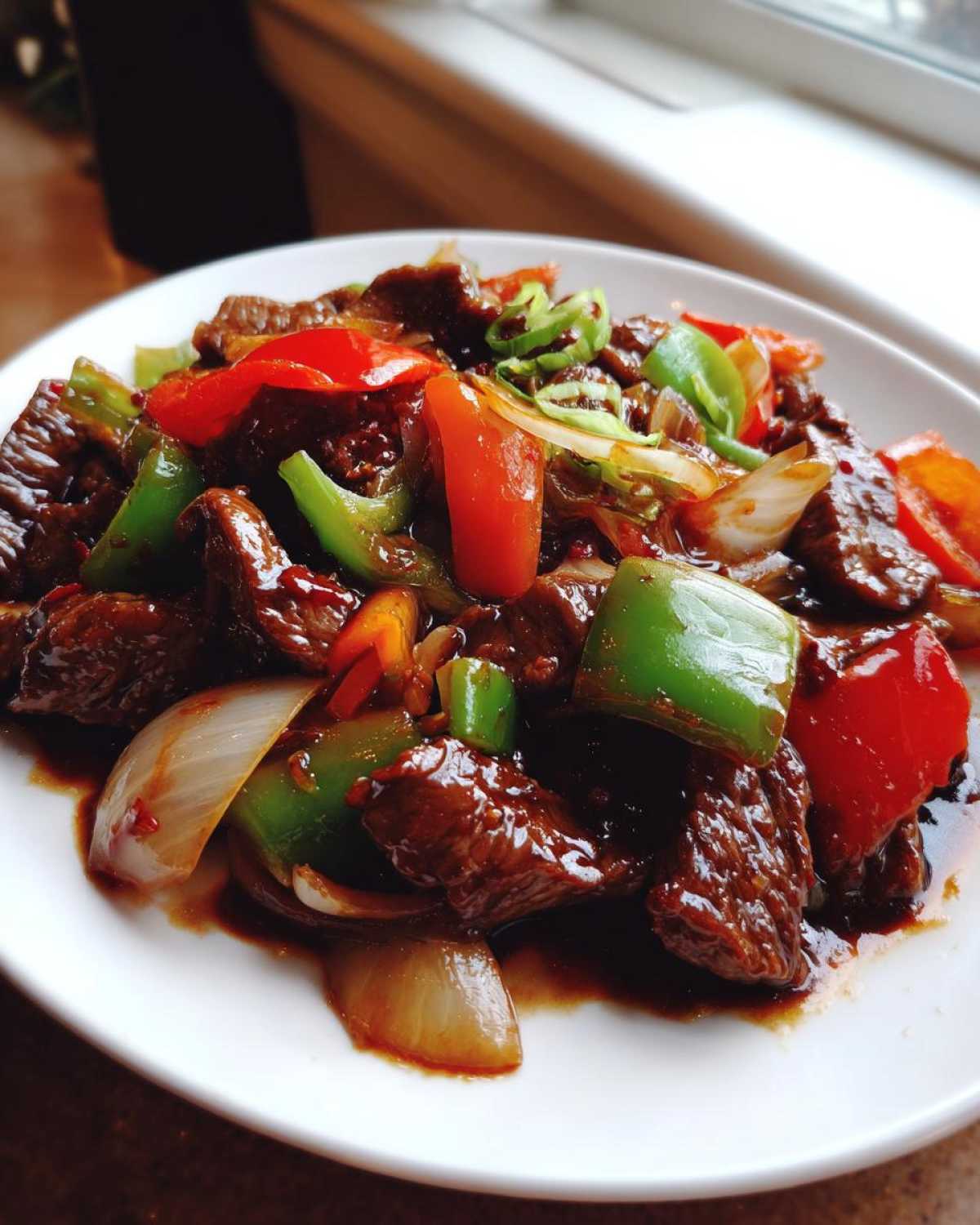 A close-up serving of glossy Chinese pepper steak featuring tender beef, red and green bell peppers, and onions in a rich sauce.