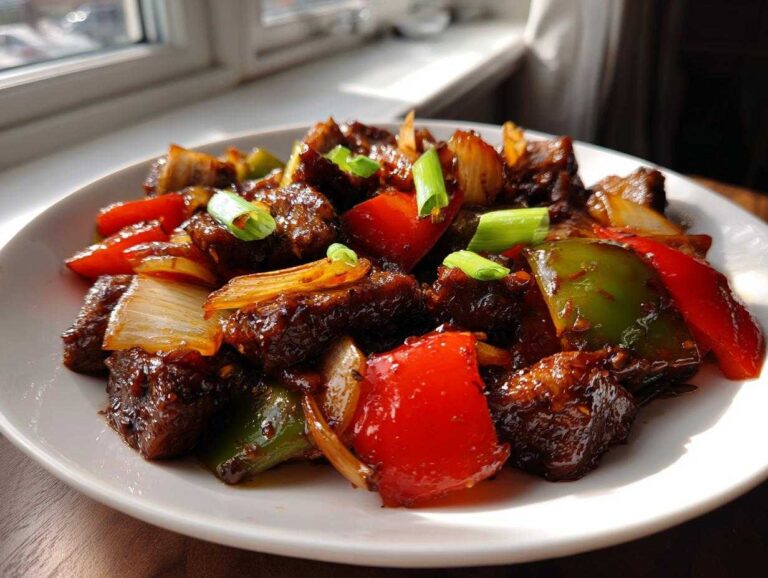 A close-up of glistening, saucy Chinese pepper steak mixed with vibrant red and green bell peppers and onions.