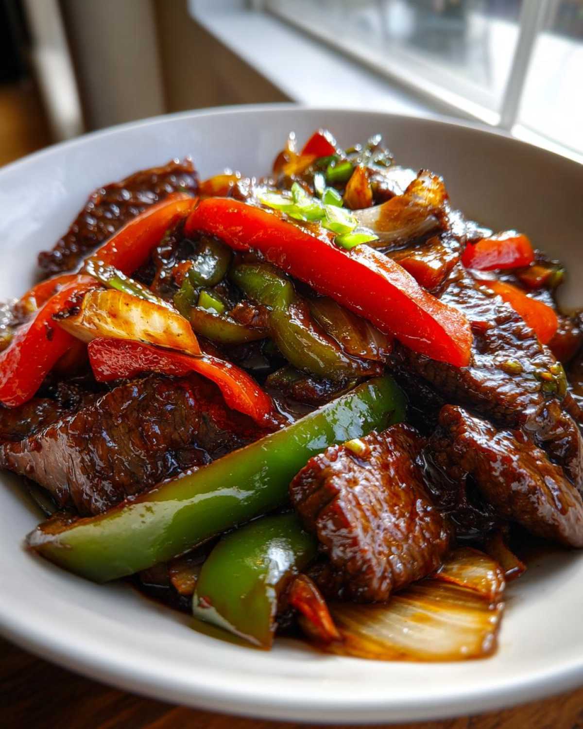 Close-up of glossy, saucy Chinese pepper steak mixed with bright red and green bell peppers and onions.