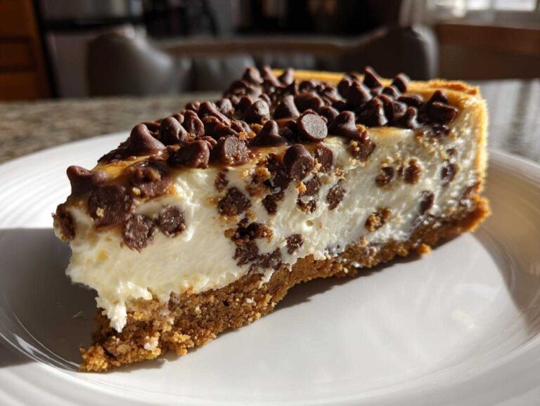 A close-up of a rich slice of chocolate chip cheesecake on a white plate, featuring a graham cracker crust and chocolate chips throughout.