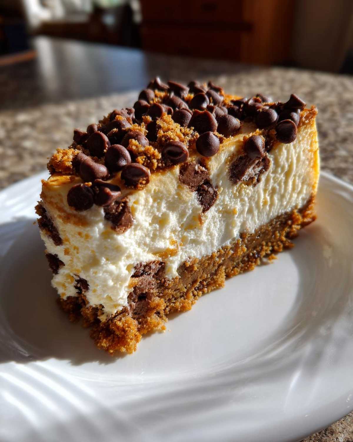 A decadent slice of chocolate chip cheesecake featuring a thick graham cracker crust and topped with mini chocolate chips.