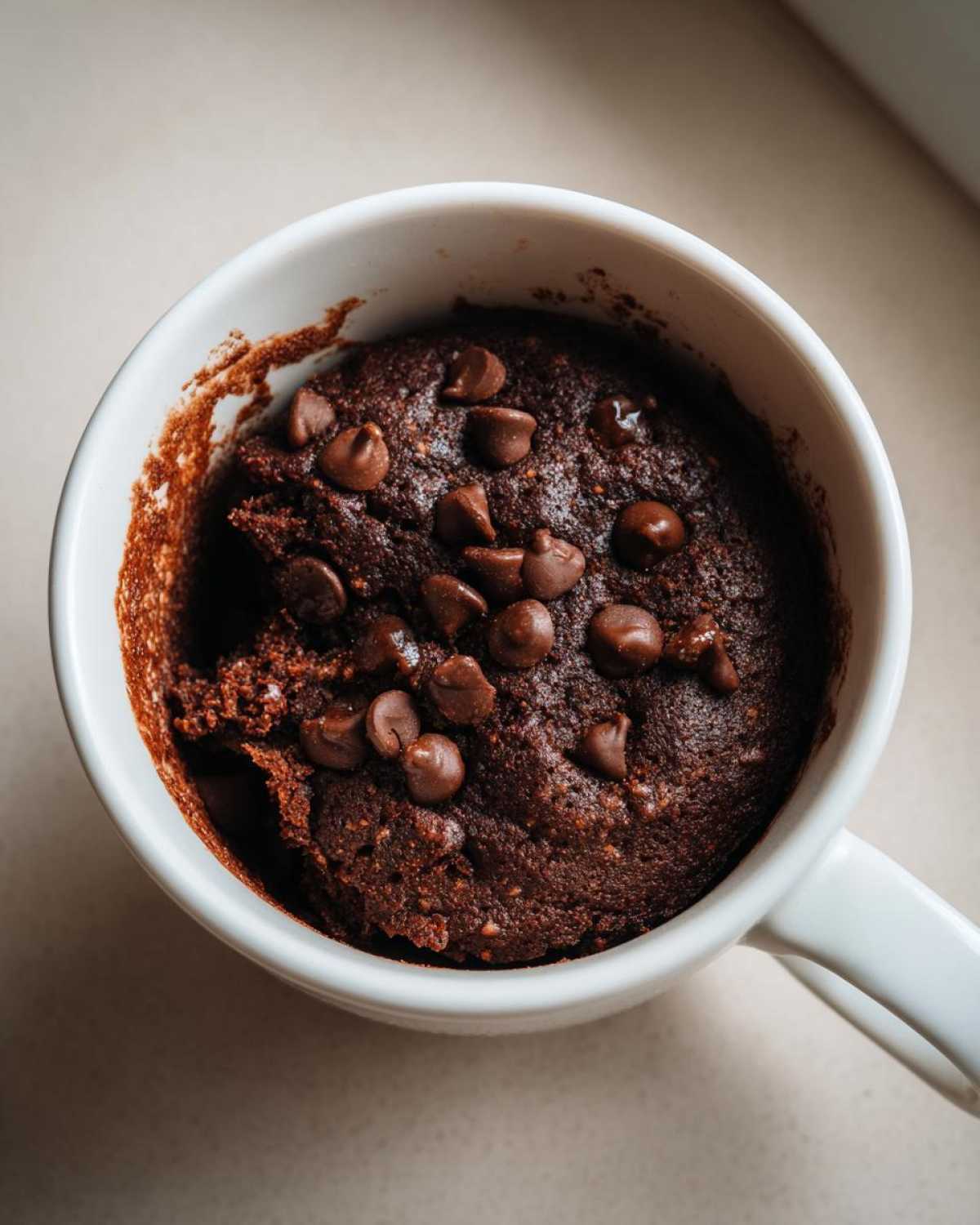 A freshly baked, rich chocolate chip mug cake topped with melted chocolate chips, viewed closely inside a white ceramic mug.