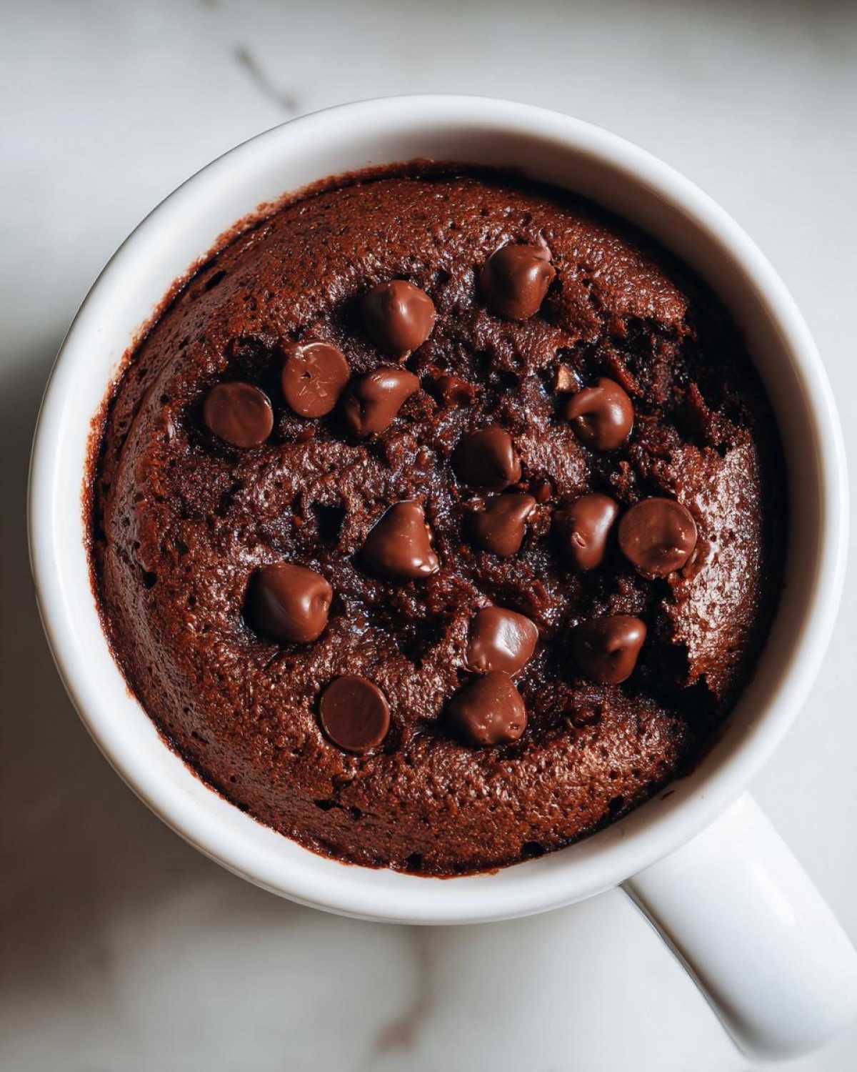 Overhead view of a rich chocolate chip mug cake baked in a white mug.