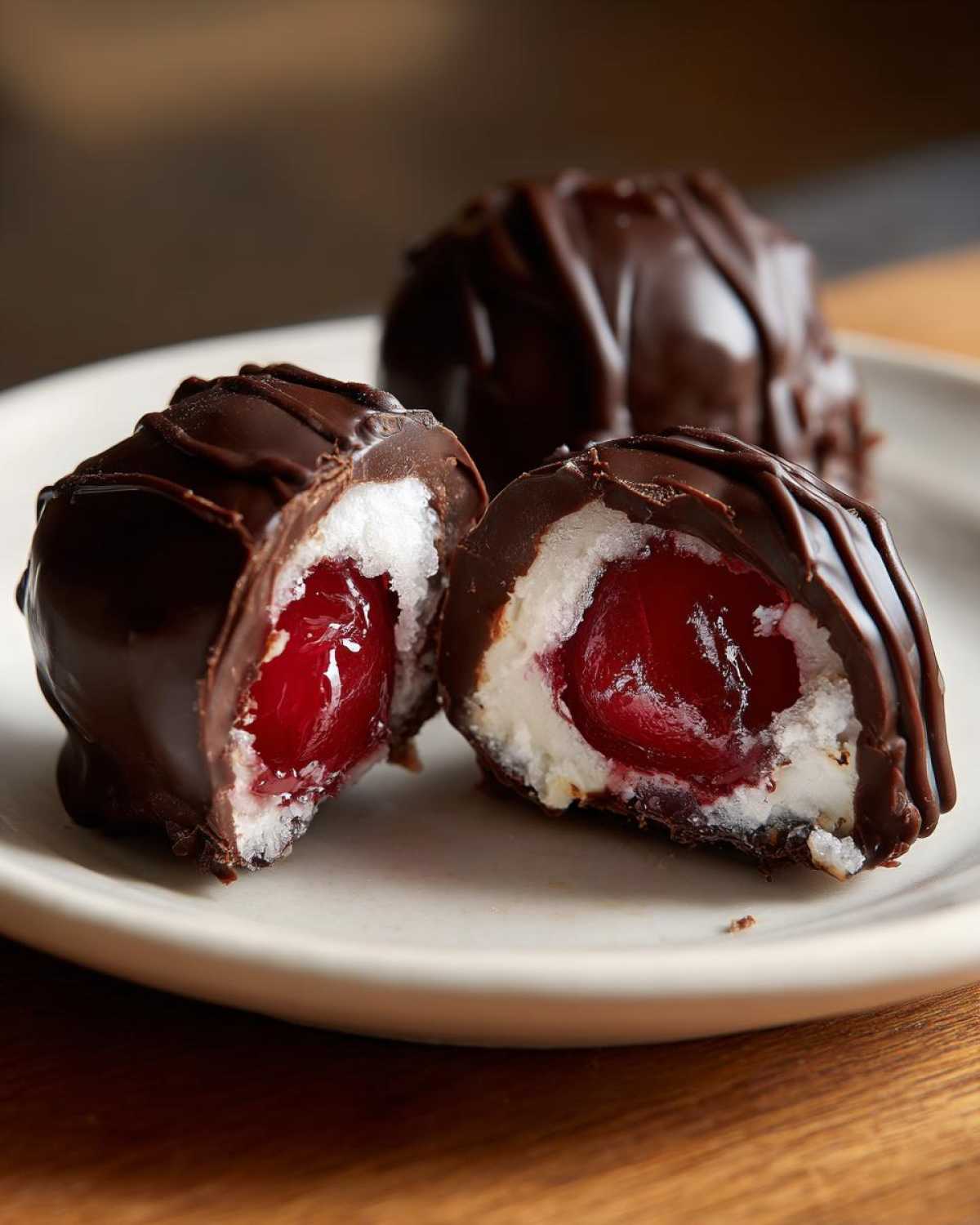 Close-up of a chocolate covered cherry cut in half, showing the cherry center and white filling.