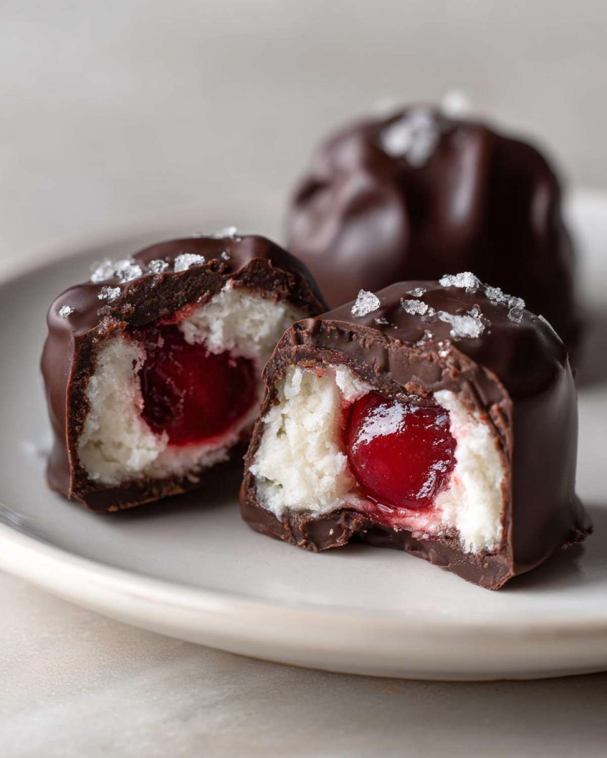 Close-up of chocolate covered cherries cut in half showing the white filling and bright red cherry center.