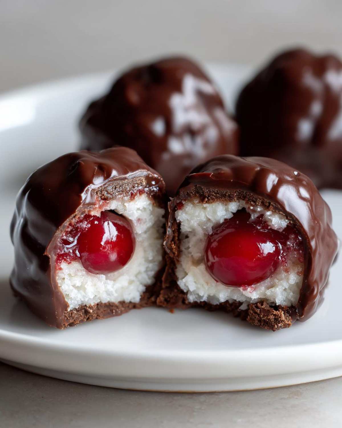 One of the chocolate covered cherries is cut in half, showing the bright red cherry surrounded by white coconut filling.