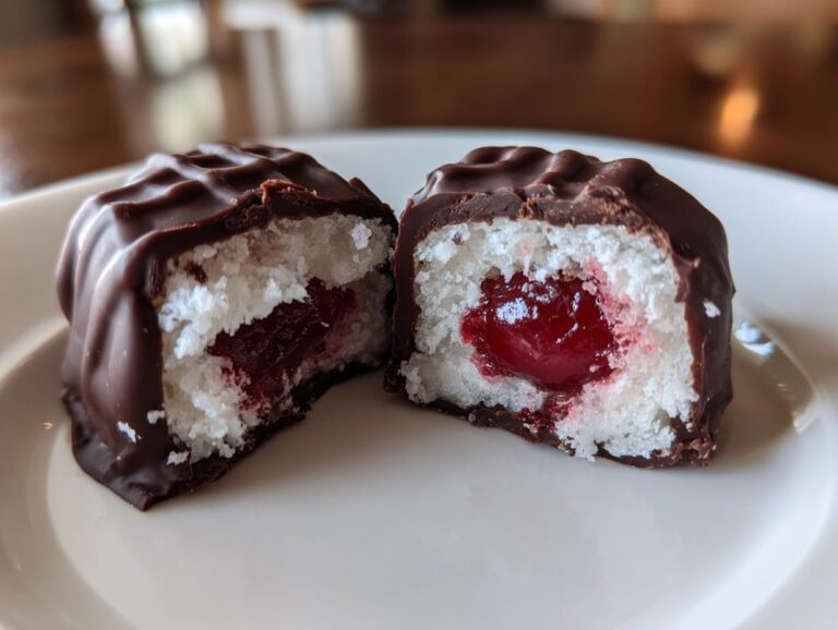 Close-up of chocolate covered cherries cut in half, showing the white filling and cherry center.