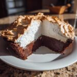 A slice removed from a homemade chocolate meringue pie showing the dark chocolate filling and tall, toasted meringue.