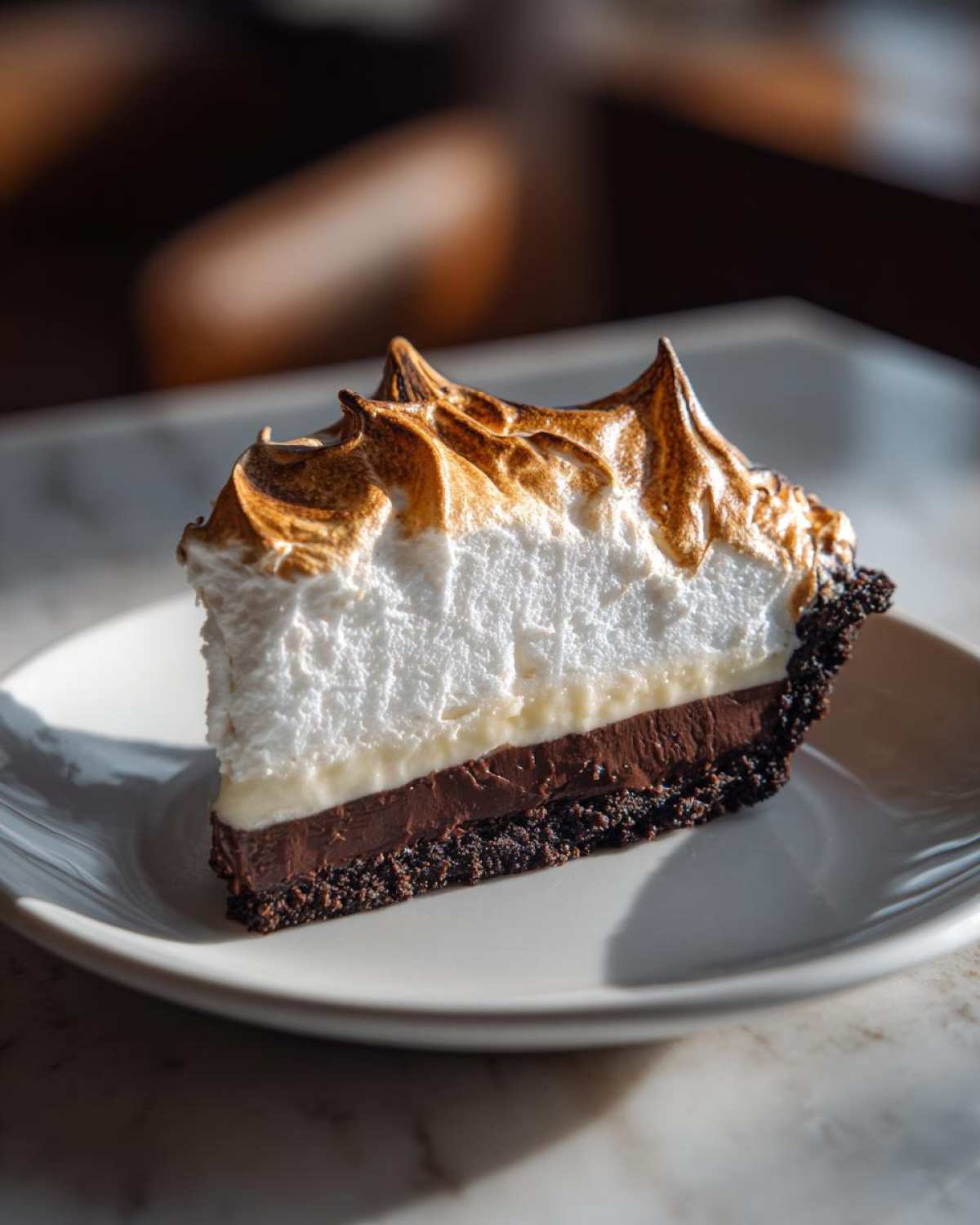 A tall slice of chocolate meringue pie featuring a dark crust, chocolate filling, and dramatically toasted meringue.