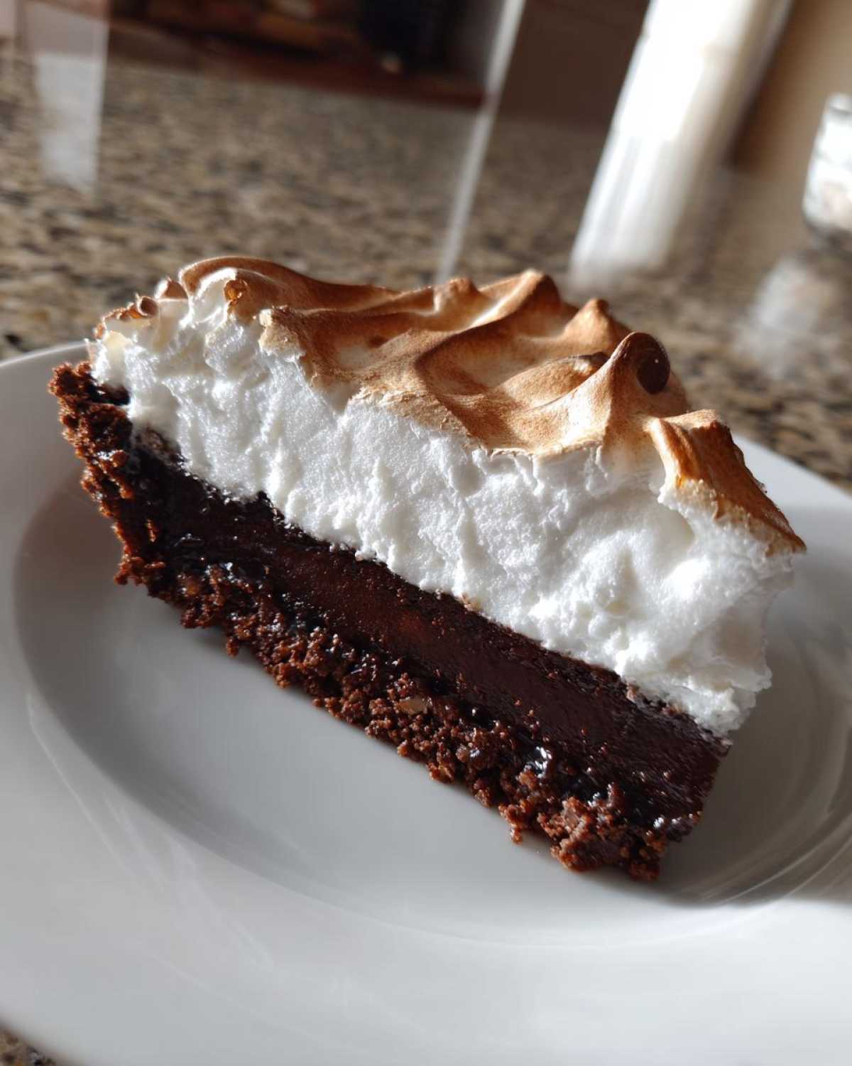 A perfect slice of chocolate meringue pie showing a dark chocolate filling and tall, toasted meringue.