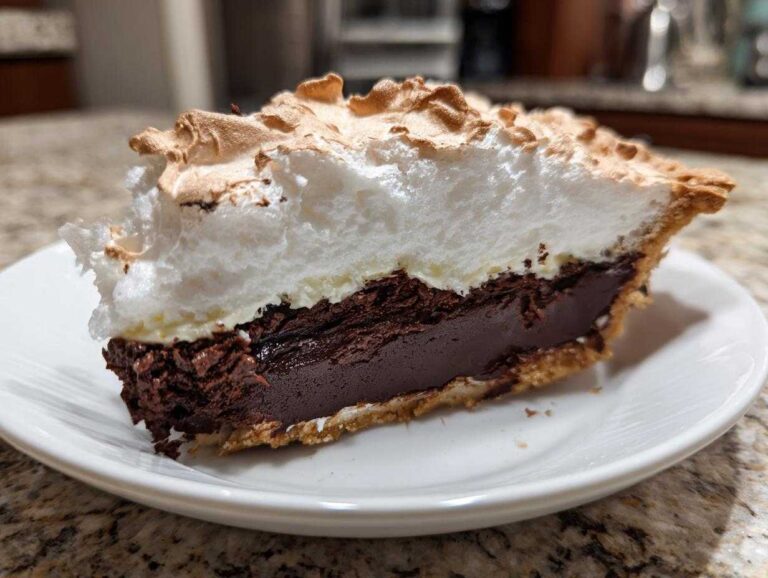 A close-up view of a thick slice of chocolate meringue pie showing the dark chocolate filling and toasted meringue topping.