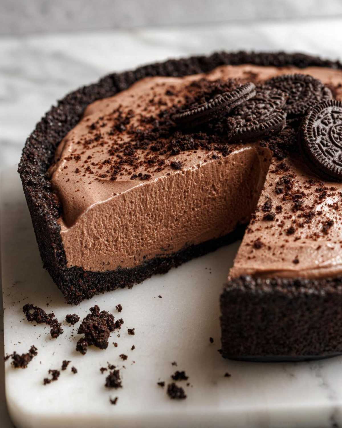 A close-up of a slice removed from a rich chocolate mousse pie with a dark cookie crust, topped with cookie crumbs and whole cookies.