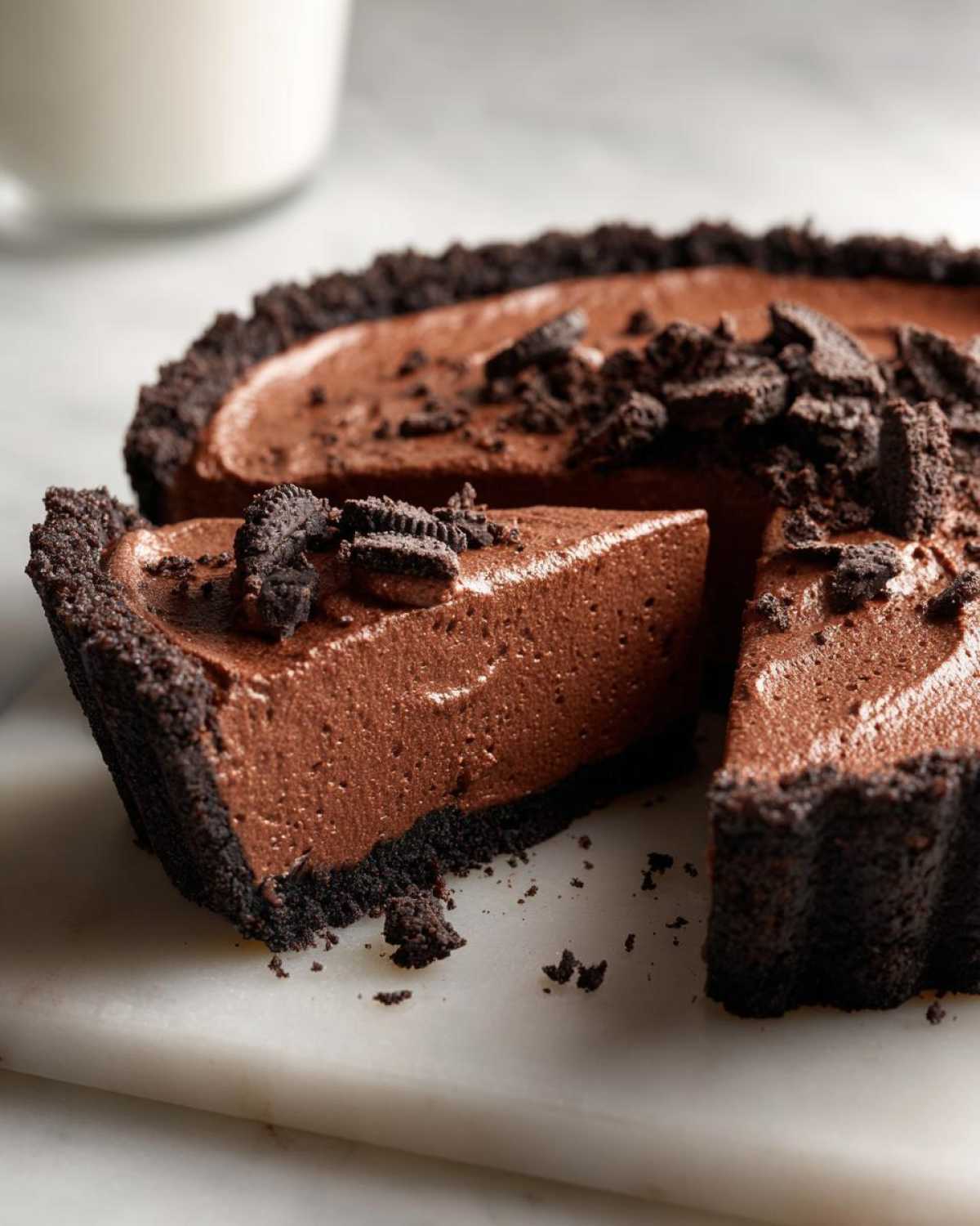 A slice cut from a rich chocolate mousse pie with a dark cookie crust, topped with cookie crumbles.