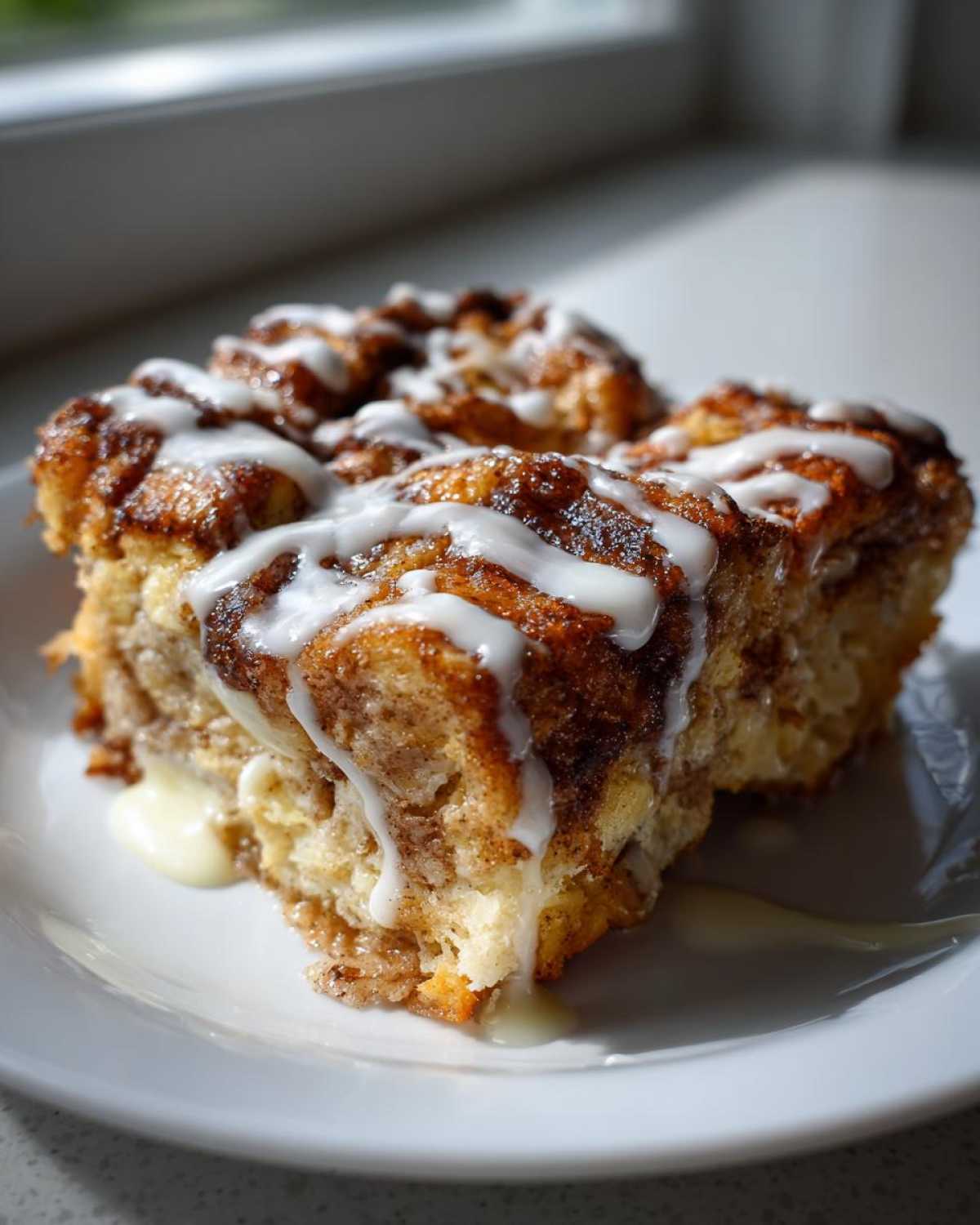Close-up of two squares of rich cinnamon roll french toast topped with thick white icing.
