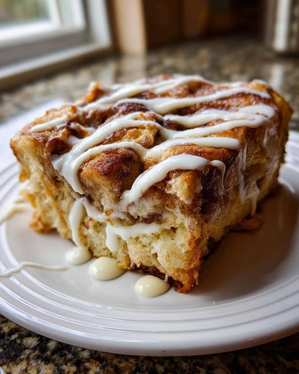 A close-up of a square serving of cinnamon roll french toast topped with thick white icing.
