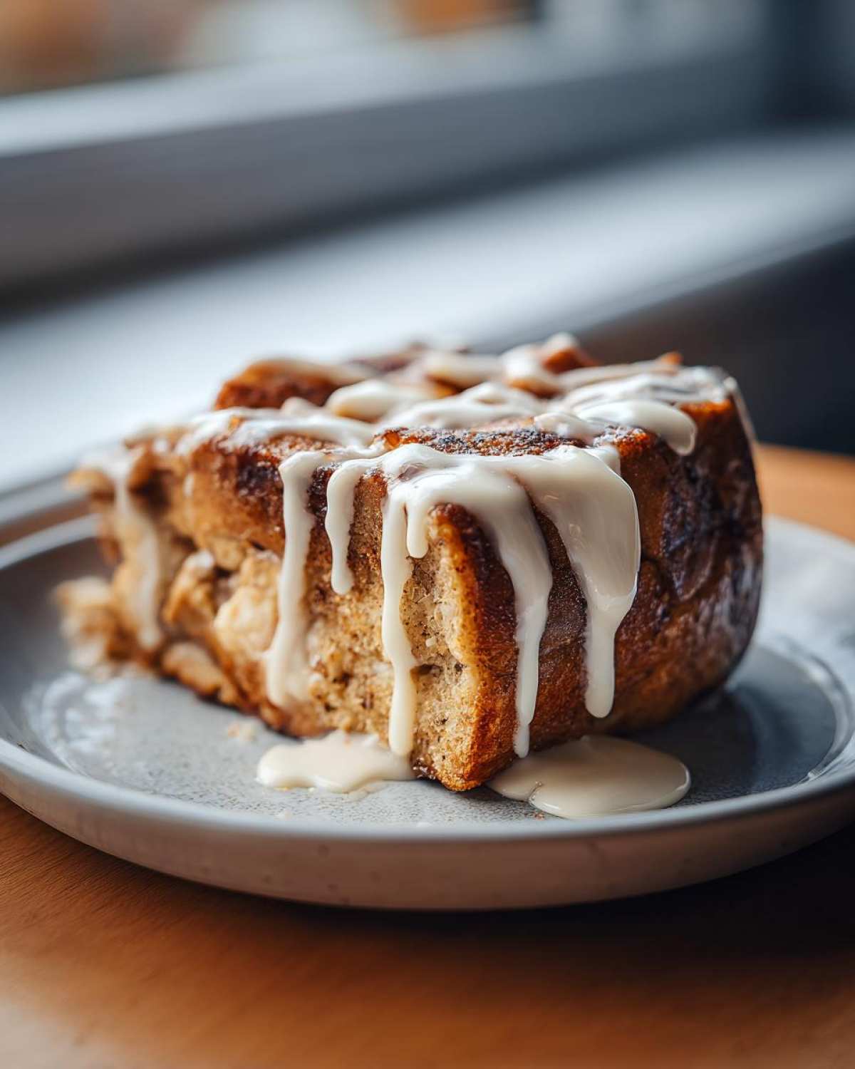 Close-up of a thick slice of cinnamon roll french toast drenched in white cream cheese icing.