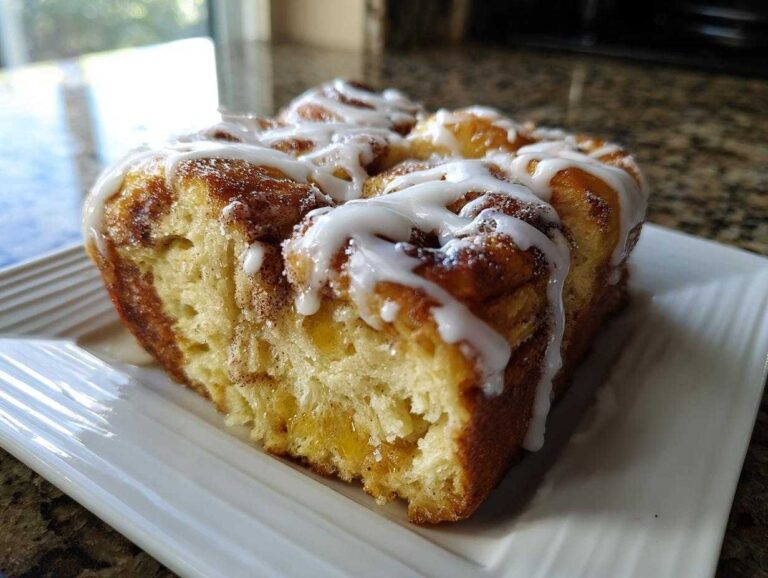 Amazing 1-Night Cinnamon Roll French Toast Close-up of a serving of cinnamon roll french toast, drizzled heavily with white icing.