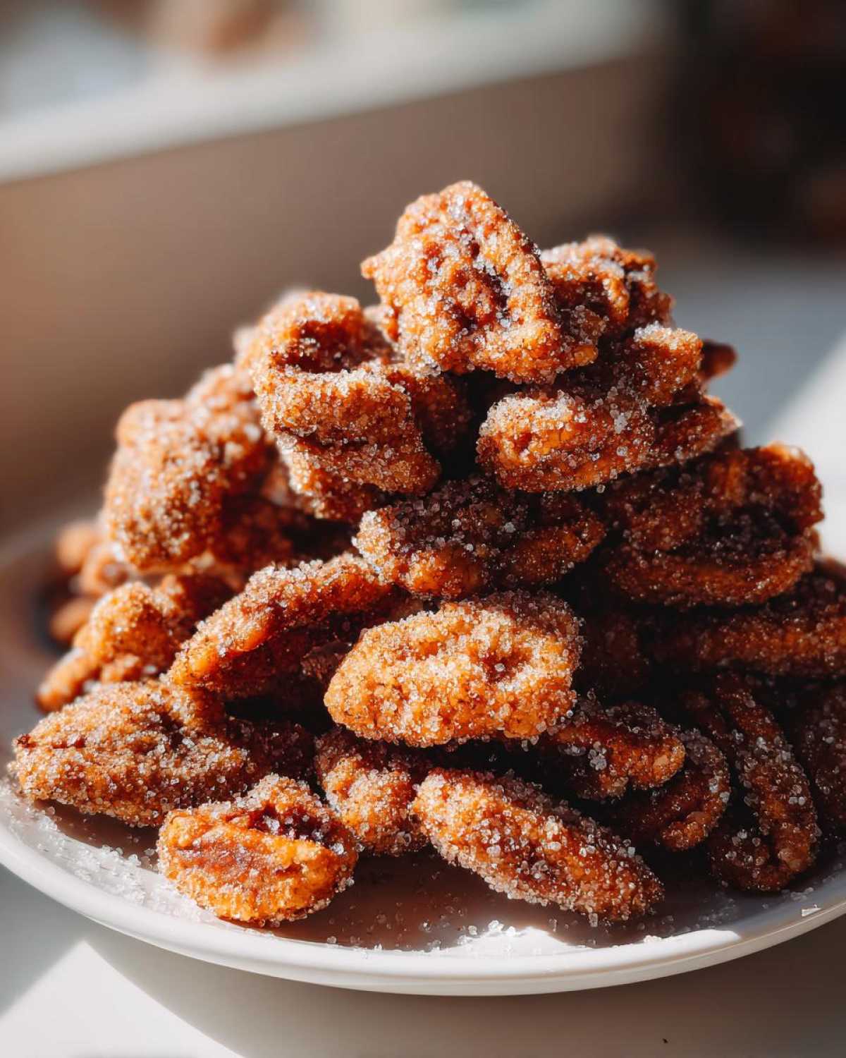 A close-up, sunlit pile of homemade cinnamon sugar pecans coated heavily in sparkling sugar crystals.