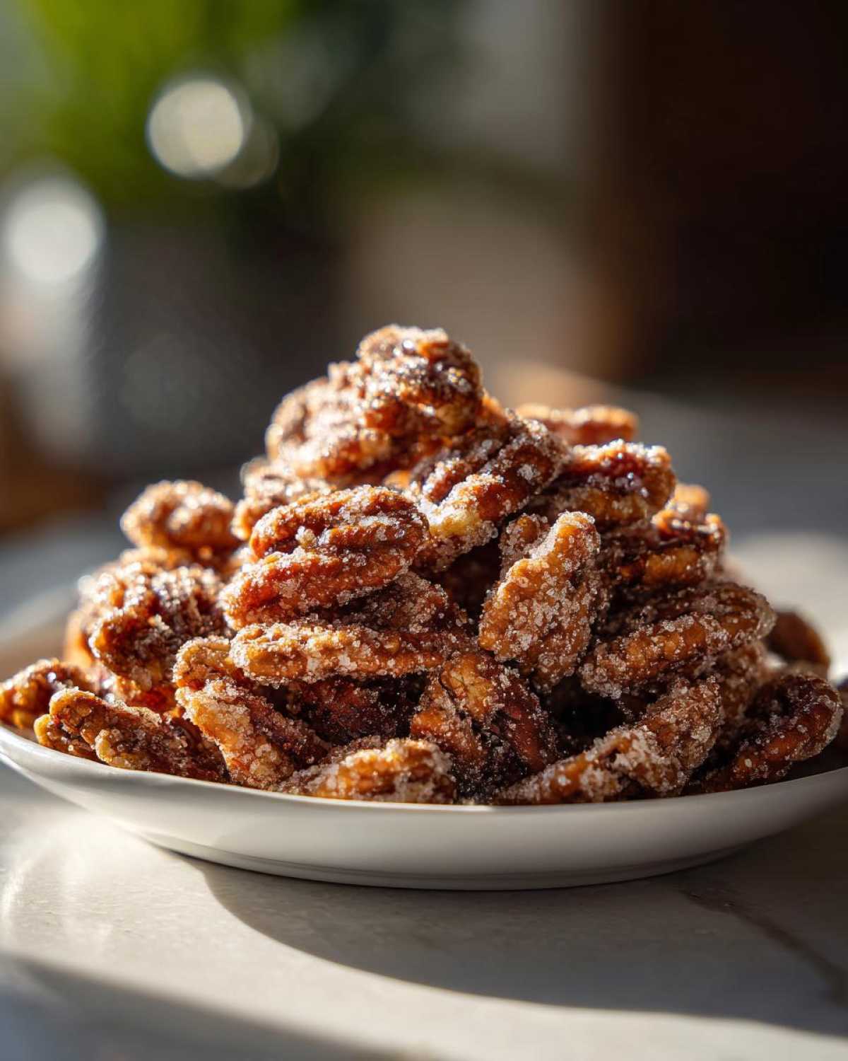 A mound of glistening cinnamon sugar pecans piled high on a small white plate, catching the sunlight.