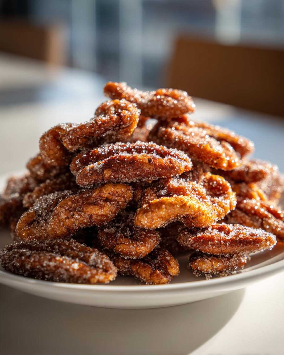 A close-up of a mound of glistening cinnamon sugar pecans piled high on a white plate, catching the sunlight.
