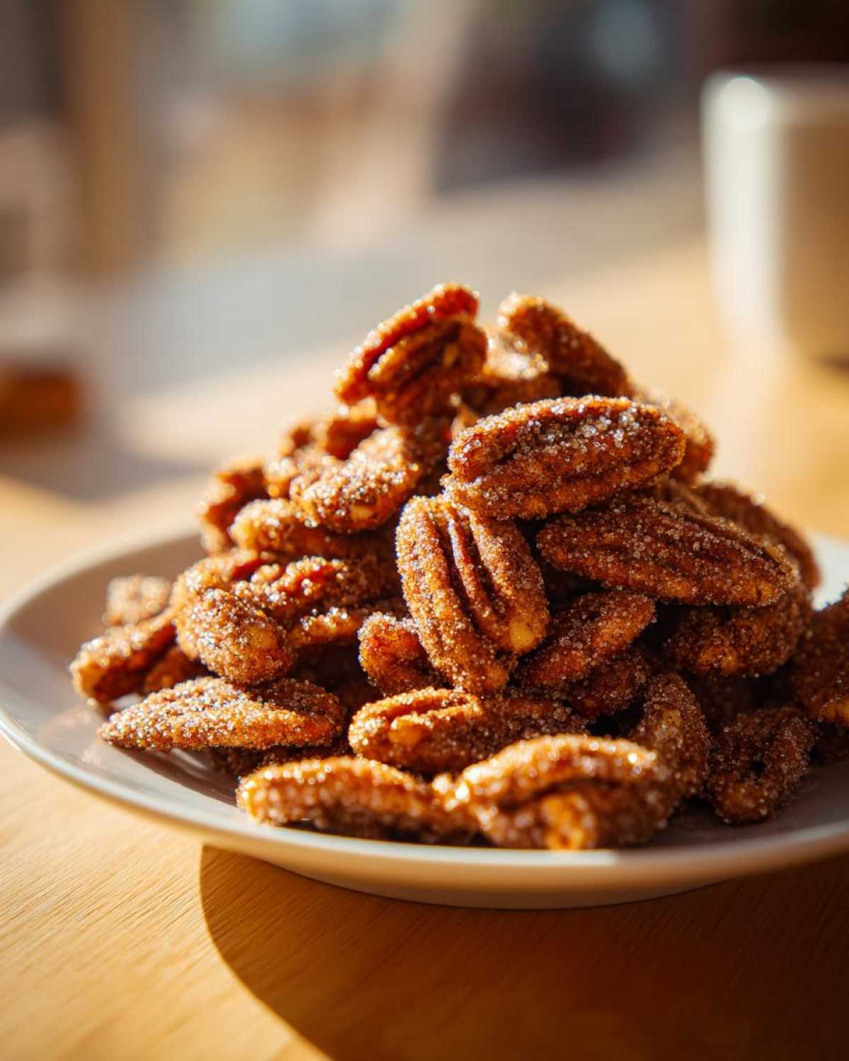 A close-up of a mound of freshly made cinnamon sugar pecans glistening with sugar crystals.