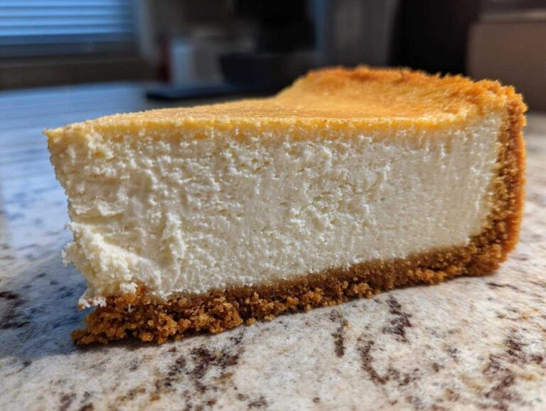 A thick, creamy slice of classic cheesecake with a golden top and graham cracker crust, showcasing the amazing cheesecake recipe texture.