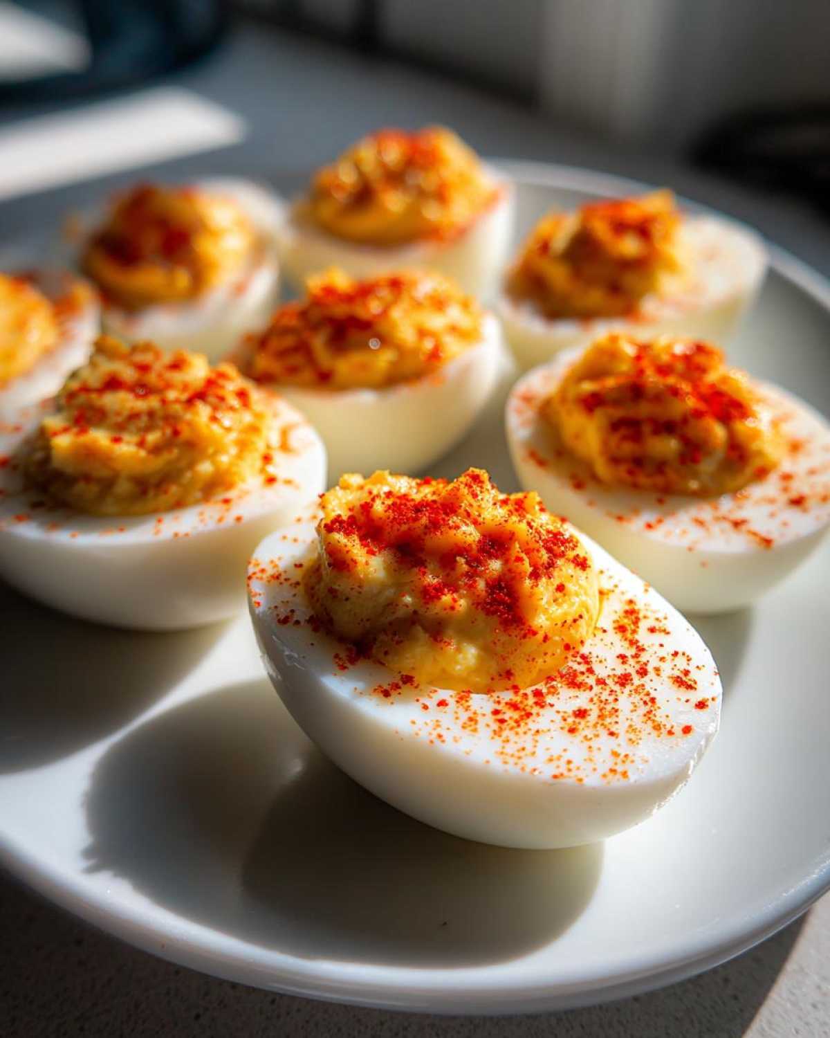 Close-up of several classic deviled eggs garnished with bright red paprika on a white plate.