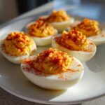 Close-up of several classic deviled eggs, topped with paprika, arranged on a white plate.