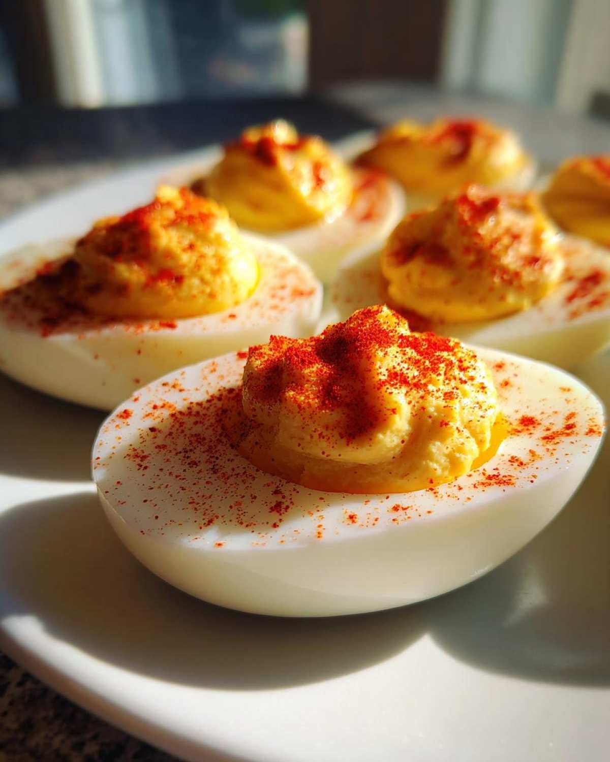 Close-up of several classic deviled eggs sprinkled generously with bright red paprika on a white plate.
