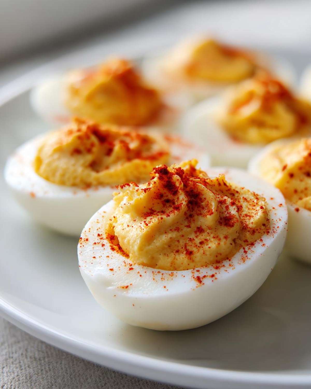 Close-up of creamy classic deviled eggs topped generously with bright red paprika on a white plate.