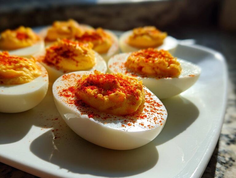 Close-up of several classic deviled eggs garnished with paprika on a white platter.