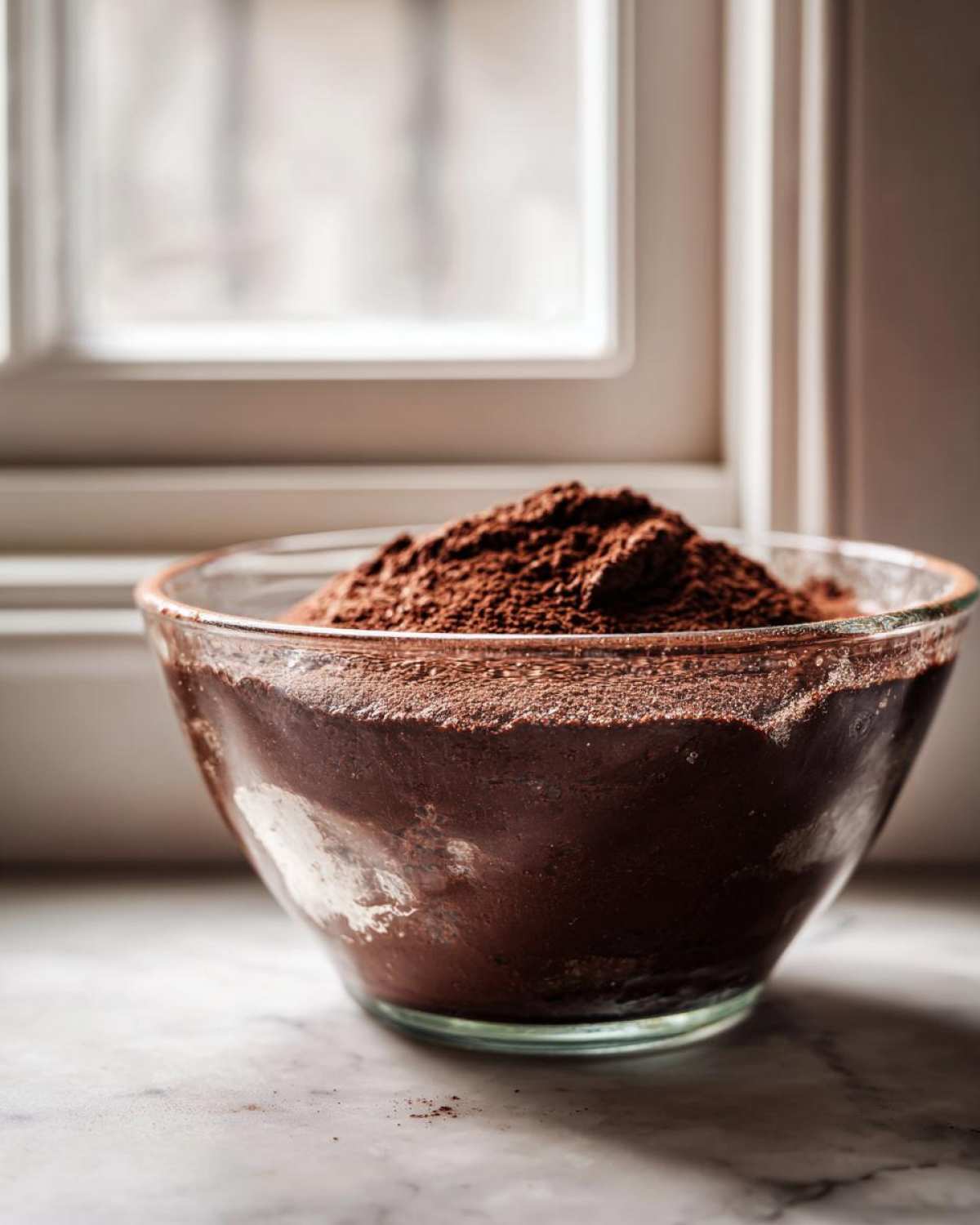 A glass bowl filled with dark cocoa powder, an essential ingredient for chocolate mousse.